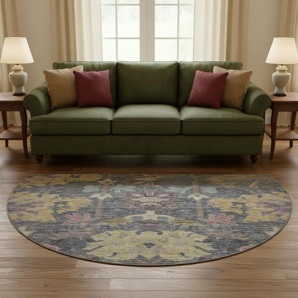 HomeRoots 8' Vibrant Floral Round Rug in Blue, Gold & Coral – Durable, Washable, UV-Protected for Homes with Kids! 684501