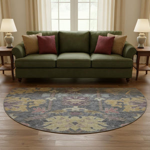 HomeRoots 8' Vibrant Floral Round Rug in Blue, Gold & Coral – Durable, Washable, UV-Protected for Homes with Kids! 684501