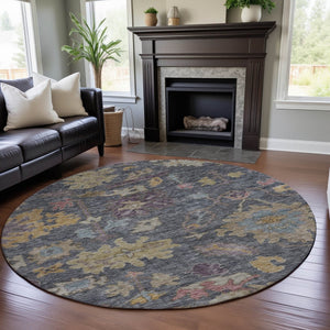 HomeRoots 8' Vibrant Floral Round Rug in Blue, Gold & Coral – Durable, Washable, UV-Protected for Homes with Kids! 684501