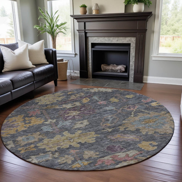 HomeRoots 8' Vibrant Floral Round Rug in Blue, Gold & Coral – Durable, Washable, UV-Protected for Homes with Kids! 684501