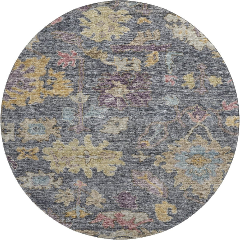 HomeRoots 8' Vibrant Floral Round Rug in Blue, Gold & Coral – Durable, Washable, UV-Protected for Homes with Kids! 684501