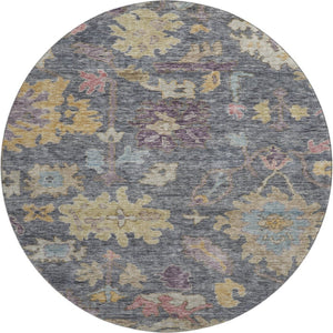 HomeRoots 8' Vibrant Floral Round Rug in Blue, Gold & Coral – Durable, Washable, UV-Protected for Homes with Kids! 684501