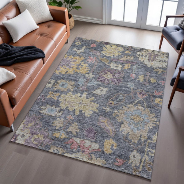 HomeRoots 8' X 10' Floral Area Rug in Blue, Gold & Coral - Washable, UV-Protected, Ideal for High-Traffic Spaces 684502