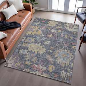 HomeRoots 9' X 12' Floral Washable Area Rug in Blue, Gold & Coral - Durable, Stain Resistant & UV Protected! 684503