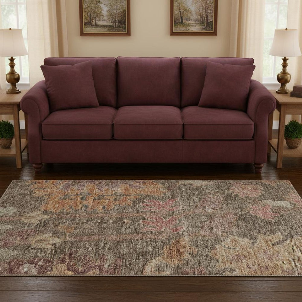 HomeRoots 8' Elegant Floral Washable Round Rug in Brown, Beige & Coral - UV Protected for Sunlit Spaces 684507