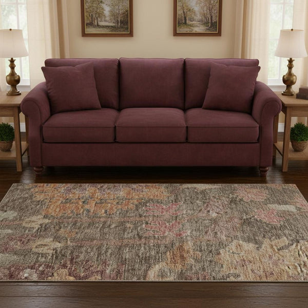 HomeRoots 8' Elegant Floral Washable Round Rug in Brown, Beige & Coral - UV Protected for Sunlit Spaces 684507