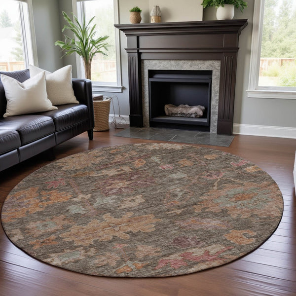 HomeRoots 8' Elegant Floral Washable Round Rug in Brown, Beige & Coral - UV Protected for Sunlit Spaces 684507