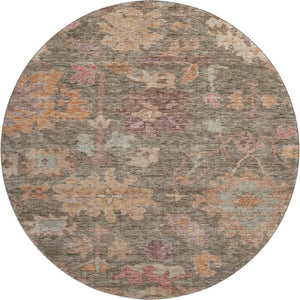 HomeRoots 8' Elegant Floral Washable Round Rug in Brown, Beige & Coral - UV Protected for Sunlit Spaces 684507