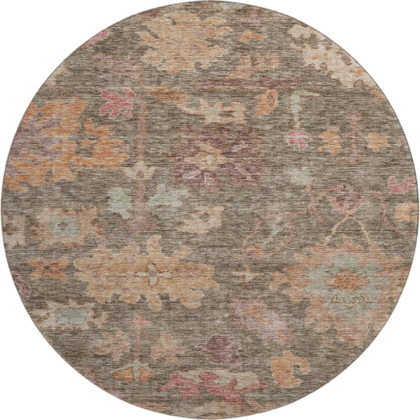 HomeRoots 8' Elegant Floral Washable Round Rug in Brown, Beige & Coral - UV Protected for Sunlit Spaces 684507