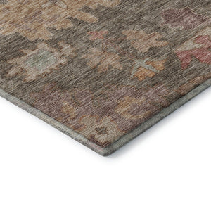 HomeRoots 8' Elegant Floral Washable Round Rug in Brown, Beige & Coral - UV Protected for Sunlit Spaces 684507