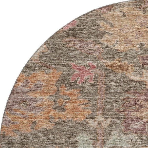 HomeRoots 8' Elegant Floral Washable Round Rug in Brown, Beige & Coral - UV Protected for Sunlit Spaces 684507