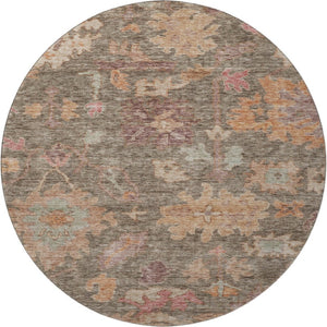 HomeRoots 8' Elegant Floral Washable Round Rug in Brown, Beige & Coral - UV Protected for Sunlit Spaces 684507