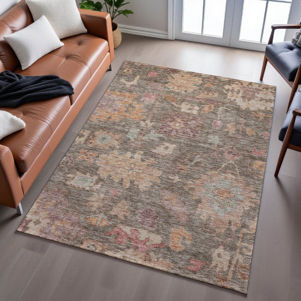 HomeRoots 9' X 12' Floral Area Rug in Brown, Beige & Coral - Washable, UV Protected, Durable for High-Traffic Areas 684509