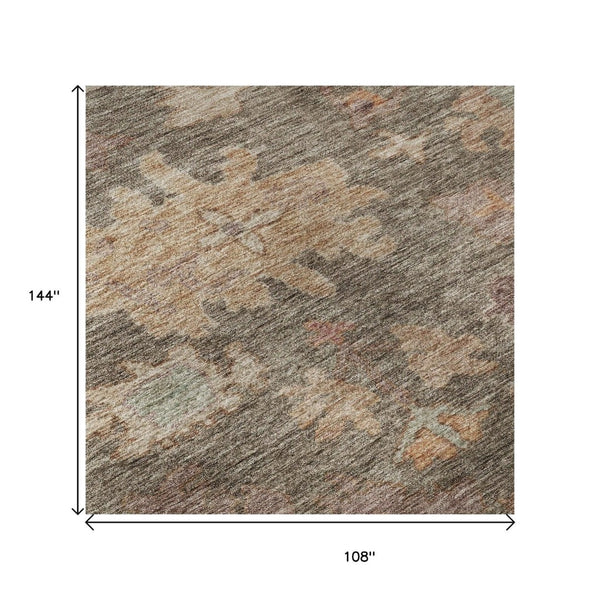HomeRoots 9' X 12' Floral Area Rug in Brown, Beige & Coral - Washable, UV Protected, Durable for High-Traffic Areas 684509