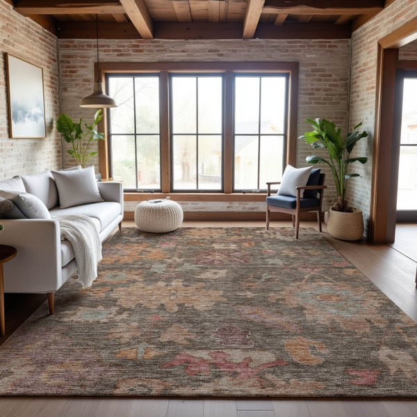 HomeRoots 10' X 14' Floral Area Rug in Brown, Beige & Coral - Washable, UV-Protected for High-Traffic Spaces 684510