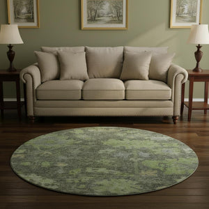 HomeRoots 8' Fern Green and Gray Floral Washable Round Rug - Durable, Stylish, UV-Protected for Busy Homes 684513