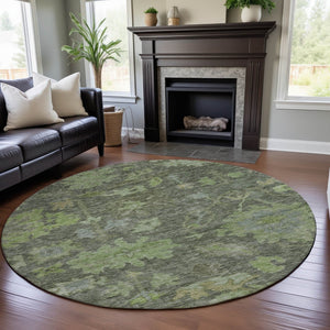HomeRoots 8' Fern Green and Gray Floral Washable Round Rug - Durable, Stylish, UV-Protected for Busy Homes 684513