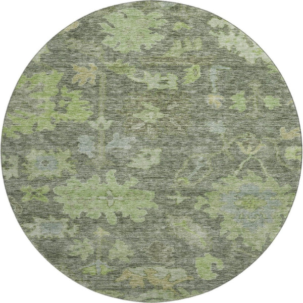 HomeRoots 8' Fern Green and Gray Floral Washable Round Rug - Durable, Stylish, UV-Protected for Busy Homes 684513