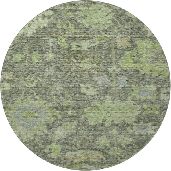 HomeRoots 8' Fern Green and Gray Floral Washable Round Rug - Durable, Stylish, UV-Protected for Busy Homes 684513