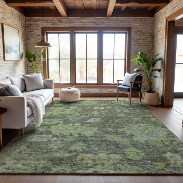 HomeRoots 8' X 10' Fern Green and Gray Floral Area Rug - Washable, Durable, UV-Protected for Stylish Living Spaces 684514