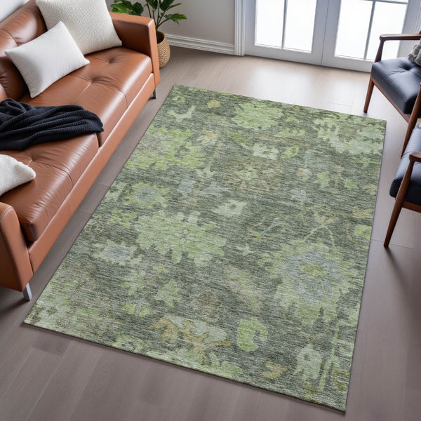 HomeRoots 8' X 10' Fern Green and Gray Floral Area Rug - Washable, Durable, UV-Protected for Stylish Living Spaces 684514