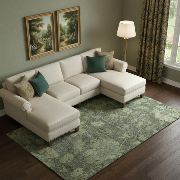 HomeRoots 9' X 12' Washable Fern Green & Gray Floral Area Rug – UV Protected, Durable, & Perfect for Families 684515