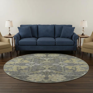 HomeRoots 8' Elegant Gray Gold Beige Floral Washable Round Rug – Durable, Stain Resistant, UV Protected Decor 684519