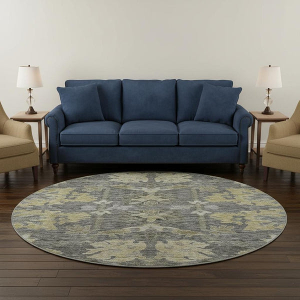 HomeRoots 8' Elegant Gray Gold Beige Floral Washable Round Rug – Durable, Stain Resistant, UV Protected Decor 684519