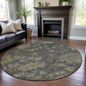 HomeRoots 8' Elegant Gray Gold Beige Floral Washable Round Rug – Durable, Stain Resistant, UV Protected Decor 684519