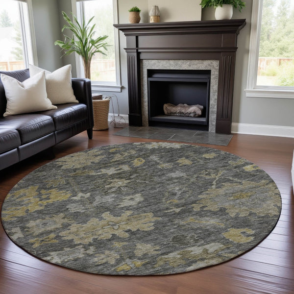 HomeRoots 8' Elegant Gray Gold Beige Floral Washable Round Rug – Durable, Stain Resistant, UV Protected Decor 684519