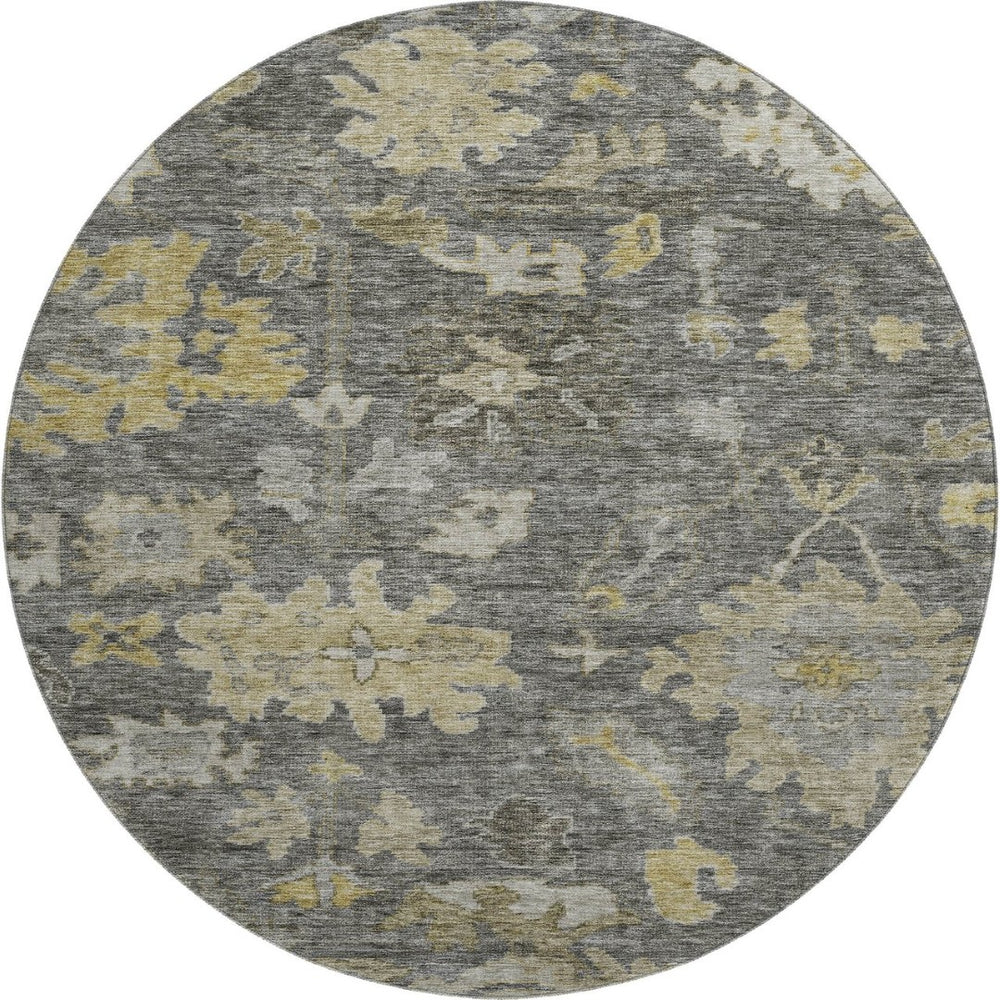 HomeRoots 8' Elegant Gray Gold Beige Floral Washable Round Rug – Durable, Stain Resistant, UV Protected Decor 684519