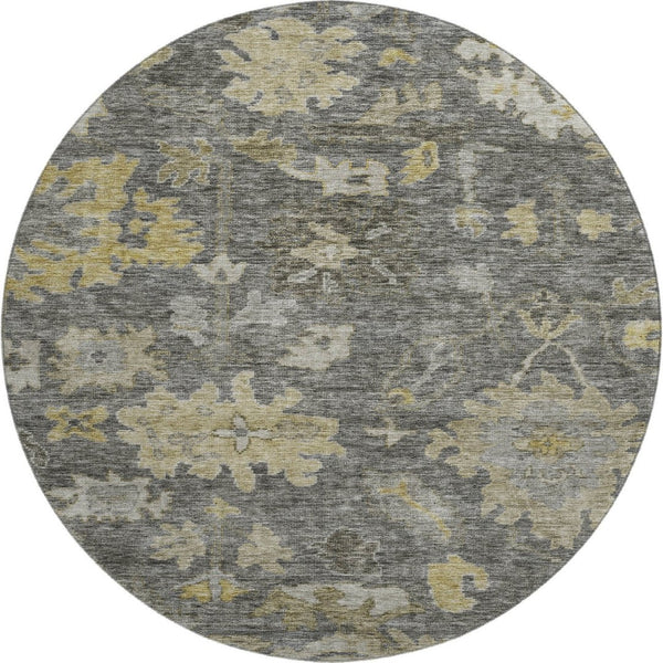 HomeRoots 8' Elegant Gray Gold Beige Floral Washable Round Rug – Durable, Stain Resistant, UV Protected Decor 684519