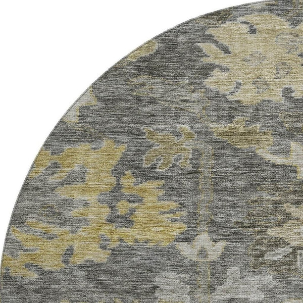 HomeRoots 8' Elegant Gray Gold Beige Floral Washable Round Rug – Durable, Stain Resistant, UV Protected Decor 684519