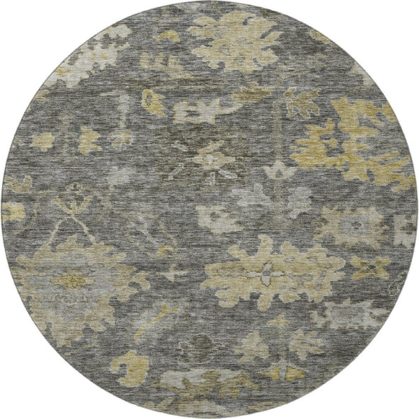HomeRoots 8' Elegant Gray Gold Beige Floral Washable Round Rug – Durable, Stain Resistant, UV Protected Decor 684519