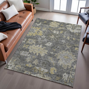 HomeRoots 8' X 10' Gray Gold Beige Floral Washable Area Rug - Durable, Stain Resistant, UV Protected Design 684520
