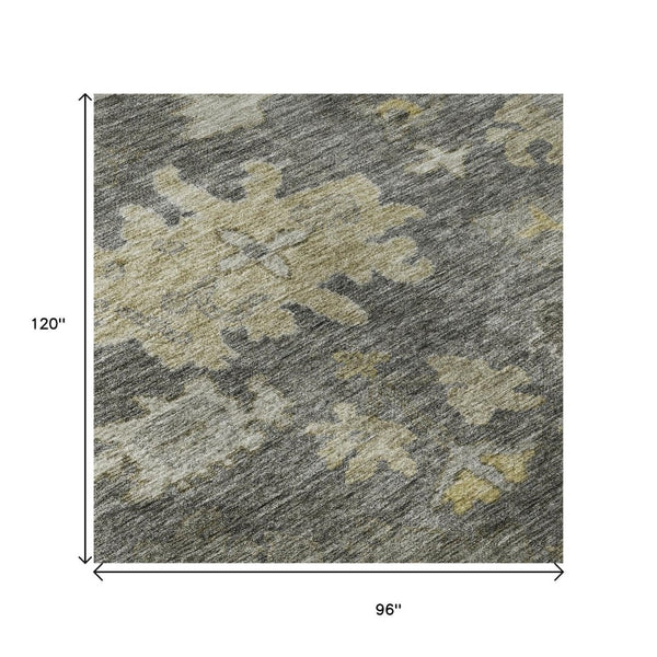 HomeRoots 8' X 10' Gray Gold Beige Floral Washable Area Rug - Durable, Stain Resistant, UV Protected Design 684520