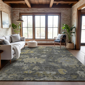 HomeRoots 9' X 12' Gray Gold Beige Floral Washable Area Rug - Durable, UV-Protected, Stain-Resistant Style! 684521