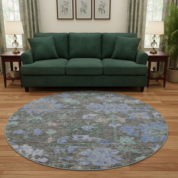 HomeRoots 8' Elegant Taupe Blue and Brown Floral Washable Round Rug with UV Protection for Modern Homes 684525