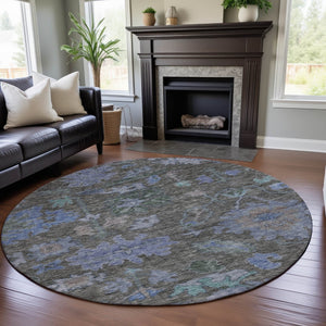 HomeRoots 8' Elegant Taupe Blue and Brown Floral Washable Round Rug with UV Protection for Modern Homes 684525
