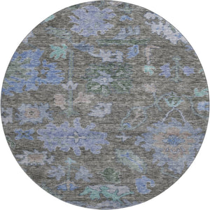 HomeRoots 8' Elegant Taupe Blue and Brown Floral Washable Round Rug with UV Protection for Modern Homes 684525