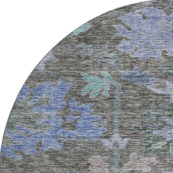 HomeRoots 8' Elegant Taupe Blue and Brown Floral Washable Round Rug with UV Protection for Modern Homes 684525