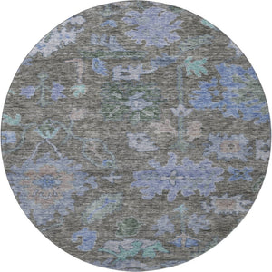 HomeRoots 8' Elegant Taupe Blue and Brown Floral Washable Round Rug with UV Protection for Modern Homes 684525