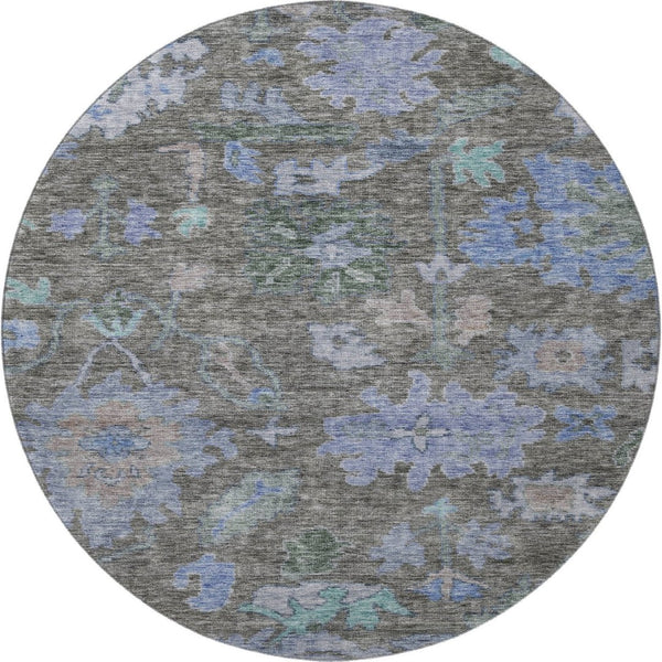 HomeRoots 8' Elegant Taupe Blue and Brown Floral Washable Round Rug with UV Protection for Modern Homes 684525