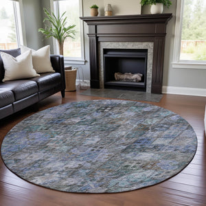 HomeRoots 8' Blue Ivory and Taupe Abstract Geometric Round Rug - Washable, UV-Protected, Stylish & Durable 684531