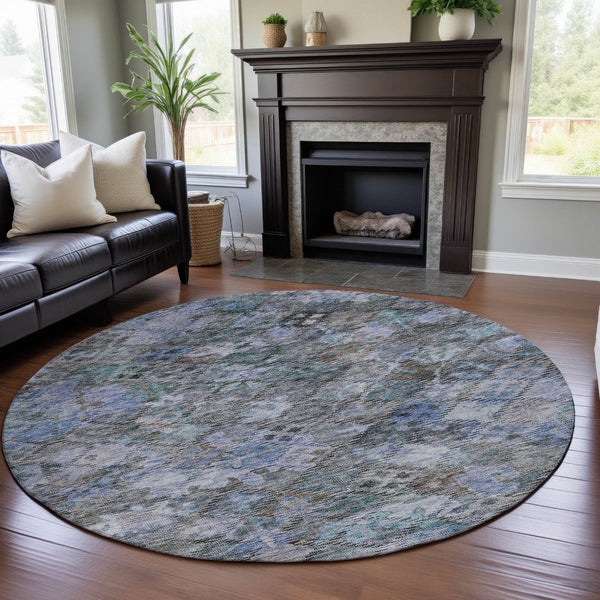 HomeRoots 8' Blue Ivory and Taupe Abstract Geometric Round Rug - Washable, UV-Protected, Stylish & Durable 684531