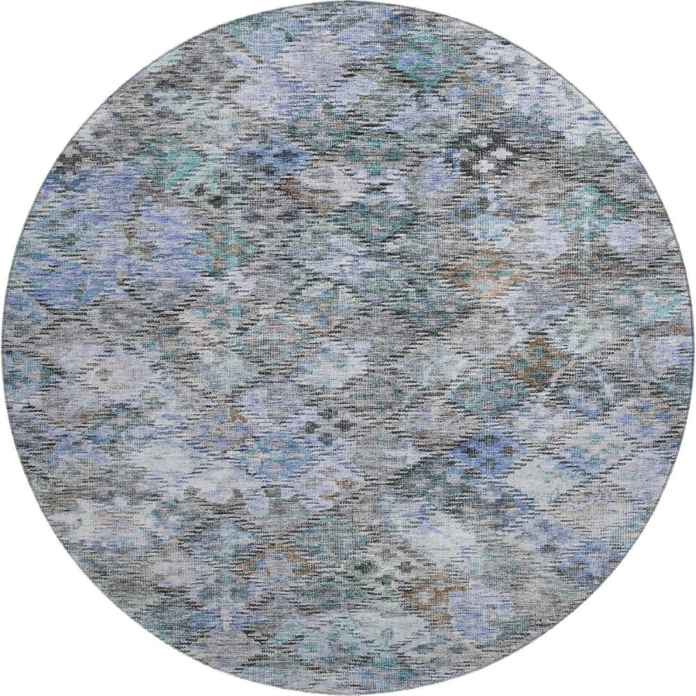 HomeRoots 8' Blue Ivory and Taupe Abstract Geometric Round Rug - Washable, UV-Protected, Stylish & Durable 684531