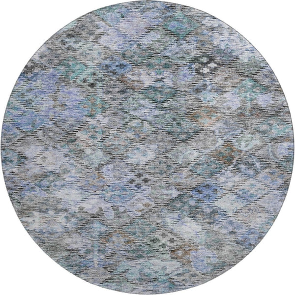 HomeRoots 8' Blue Ivory and Taupe Abstract Geometric Round Rug - Washable, UV-Protected, Stylish & Durable 684531