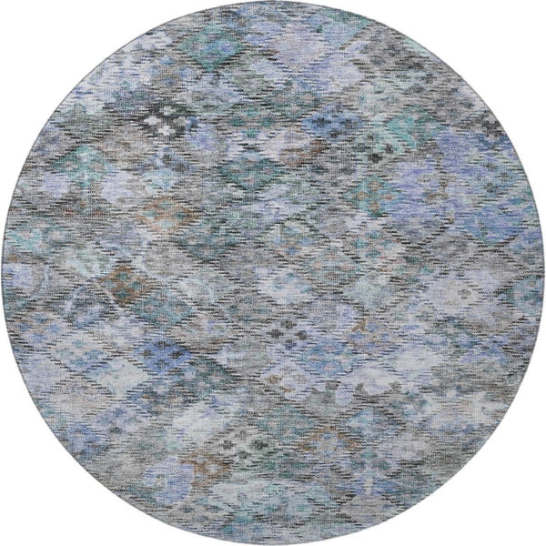 HomeRoots 8' Blue Ivory and Taupe Abstract Geometric Round Rug - Washable, UV-Protected, Stylish & Durable 684531