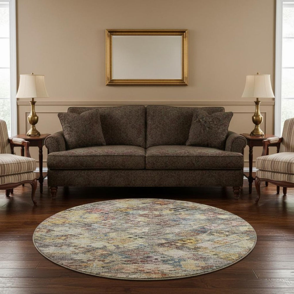 HomeRoots 8' Vibrant Gold Coral and Blue Abstract Round Rug - Washable, UV-Protected, Perfect for High-Traffic Areas 684537
