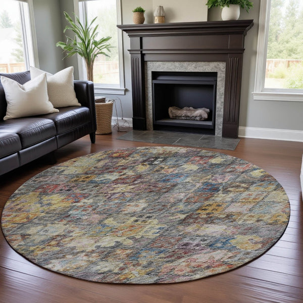 HomeRoots 8' Vibrant Gold Coral and Blue Abstract Round Rug - Washable, UV-Protected, Perfect for High-Traffic Areas 684537